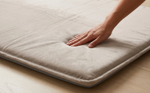 An adult palm pressing into the mat with the rebound dent still visible
