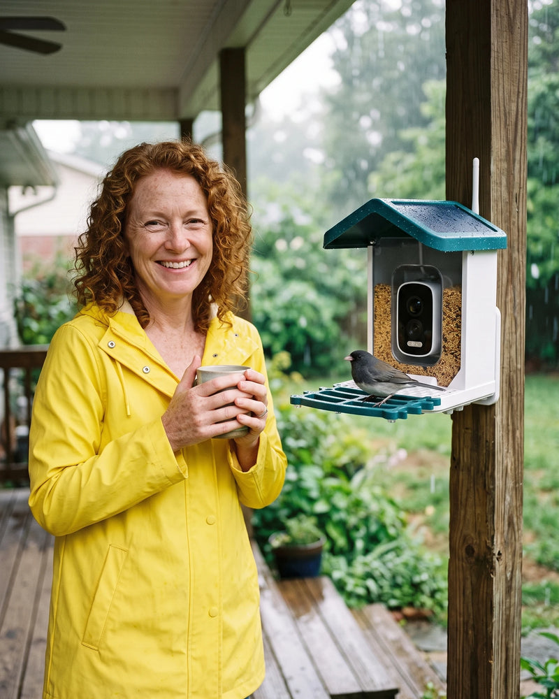 AI-generated image: Maeve (AI persona) · rainy patio