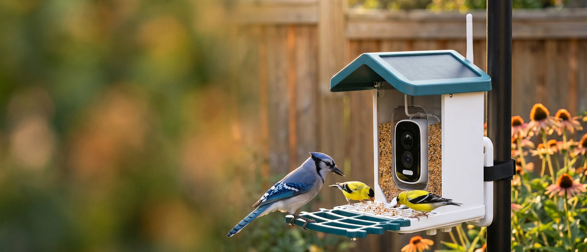 A blue jay on the teal perch of the feeder and two goldfinches on the tray, the camera in the seed window just behind them