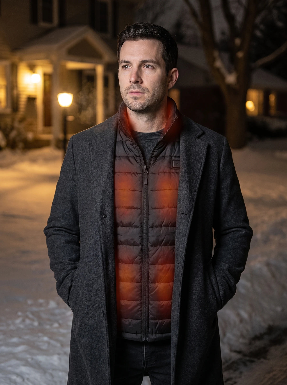 A man standing on a snowy street at night, wool coat open over the black heated vest, its front panels and collar glowing warm