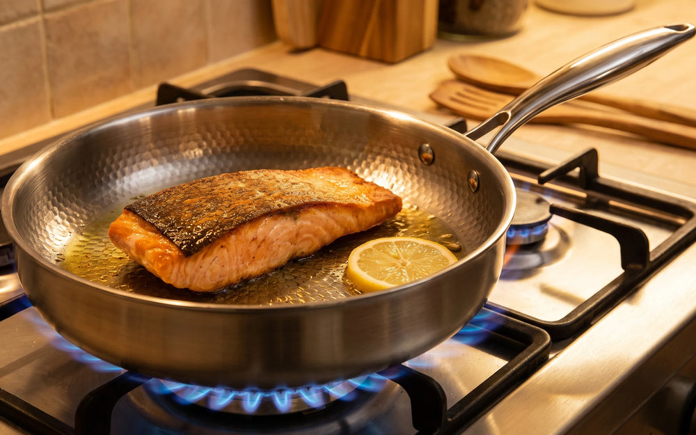 The pan sitting on a black induction cooktop with a steak searing inside